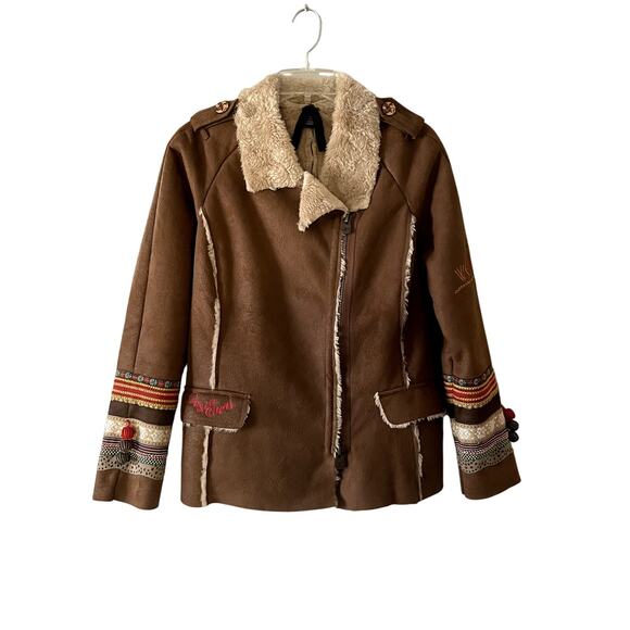 Desigual Festival Embroidered Faux Suede Shearling Boho Jacket Medium EUC - Picture 5 of 11